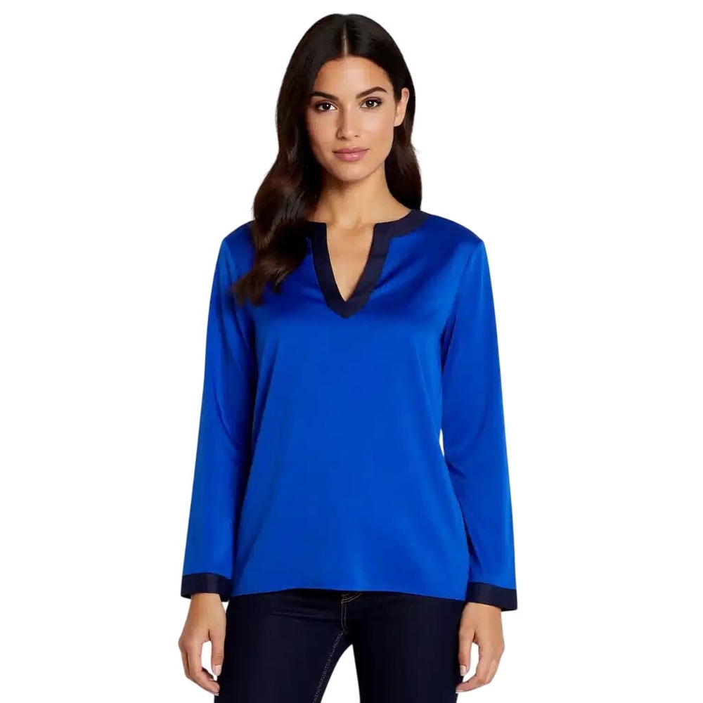 Lauren Ralph Lauren Blue 100% Linen Split Neck Long Sleeve Tunic Blouse Small